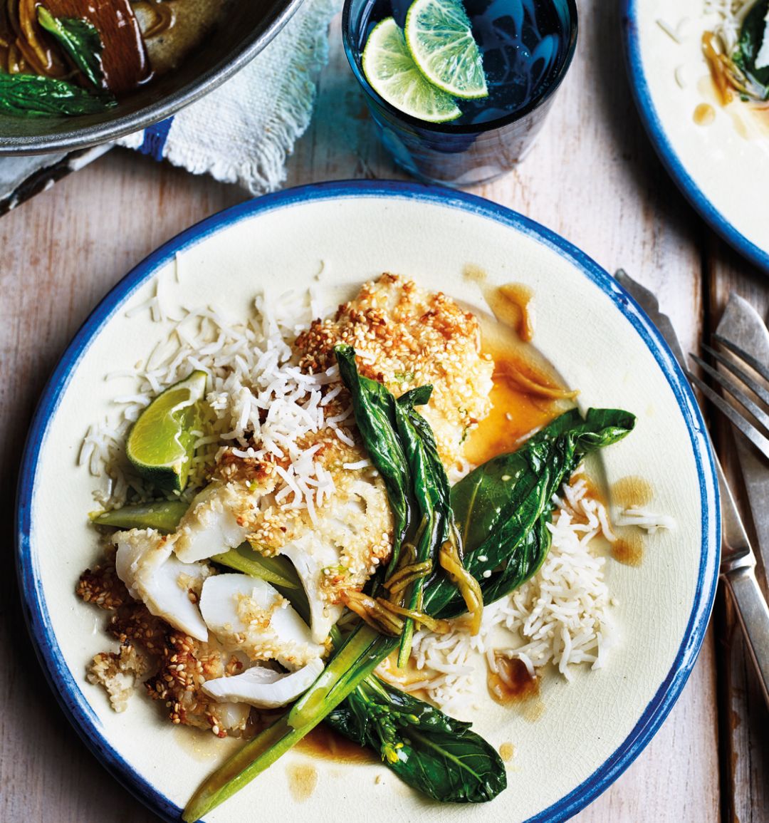 Sesame-crusted fish with ginger pak choi