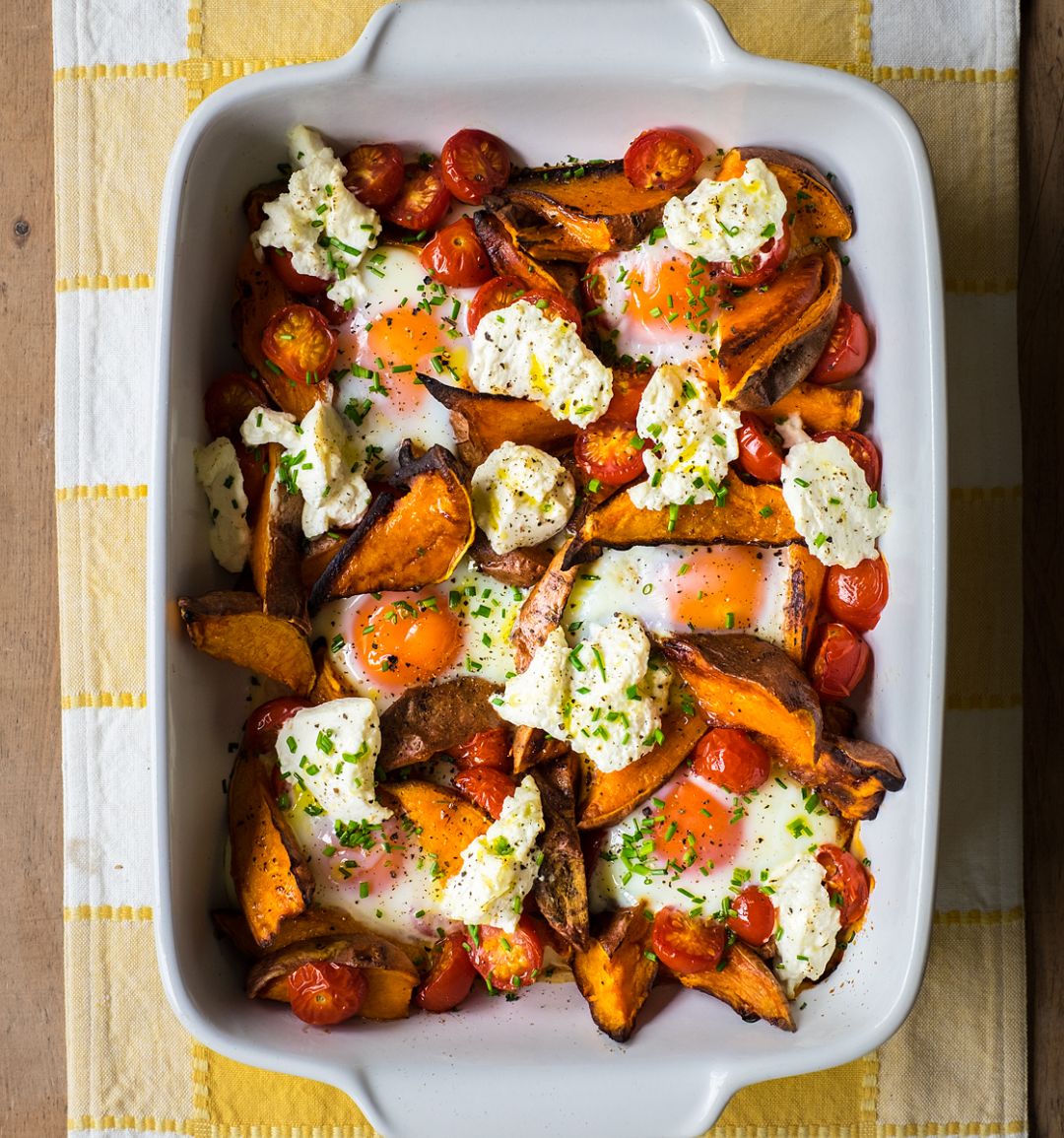 Spicy sweet potato, tomato, ricotta and egg bake