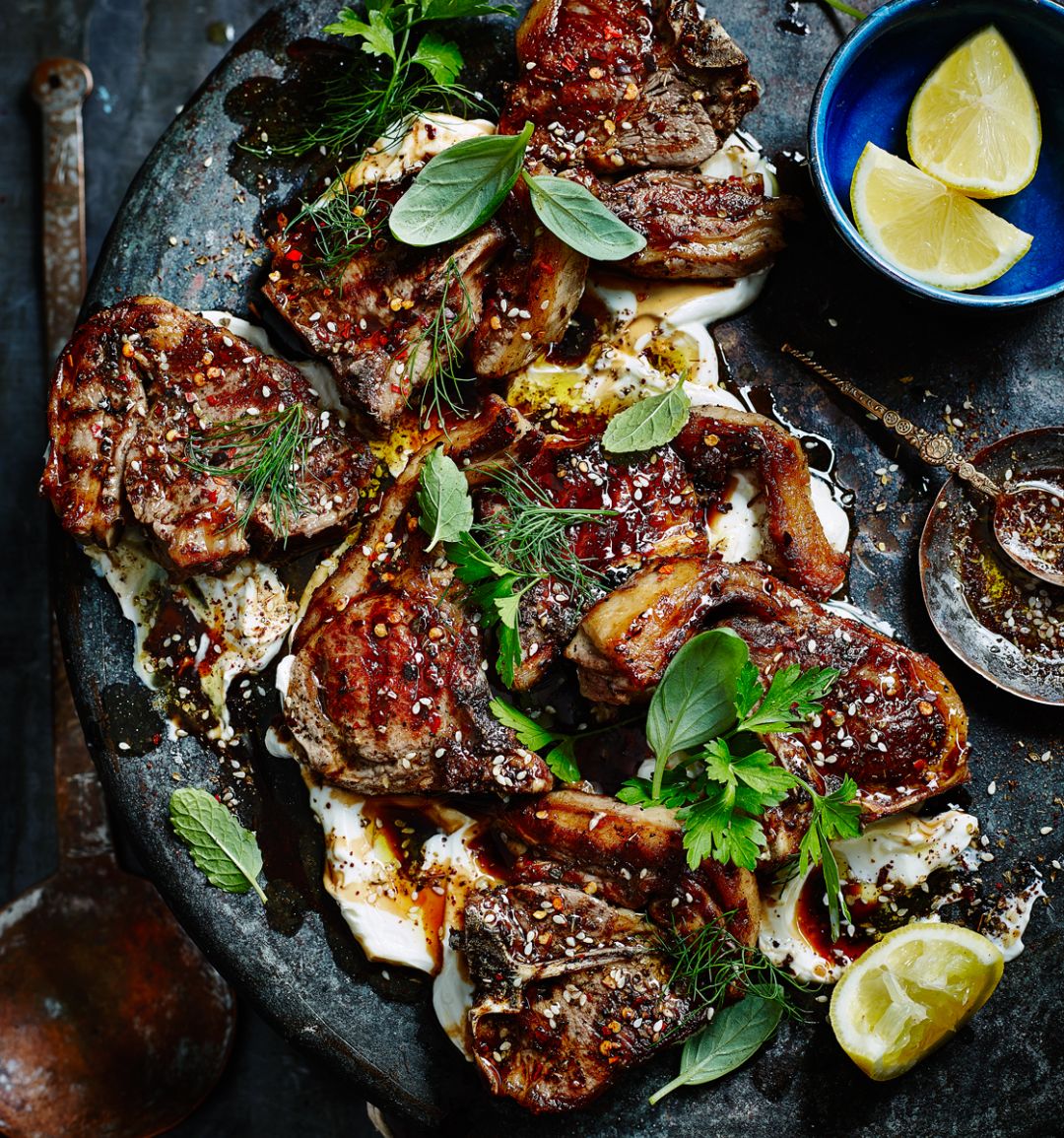 Zaatar lamb chops with salted yogurt, sweet herbs and pomegranate molasses