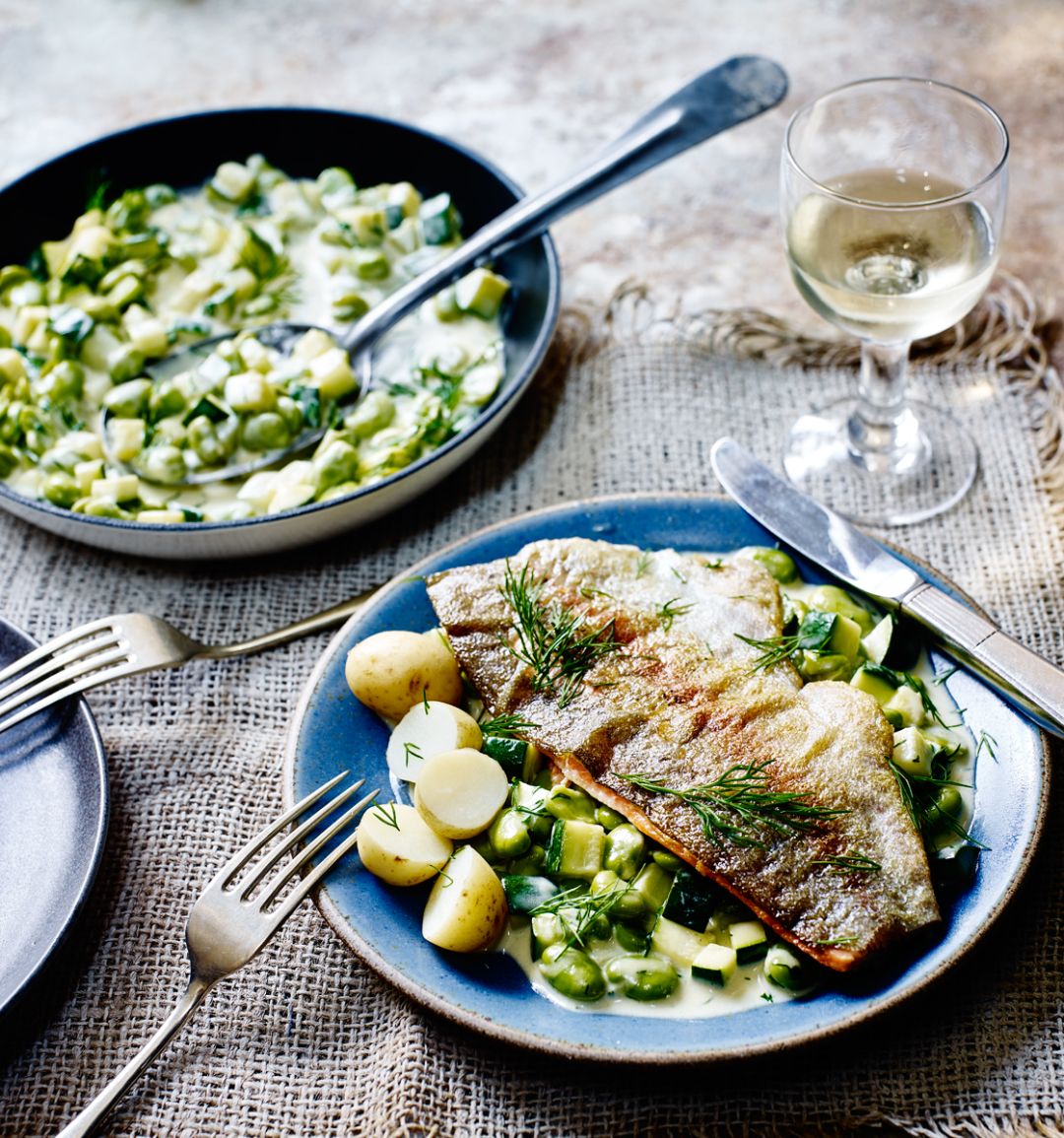 Trout, broad beans & courgettes in a wine & cream sauce