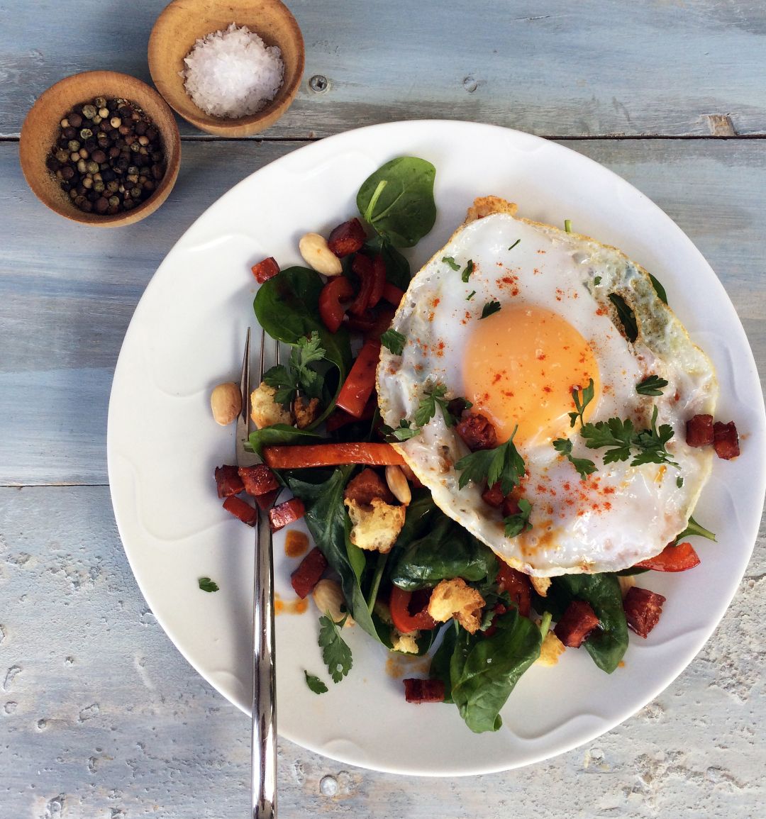 Duck egg and chorizo brunch salad