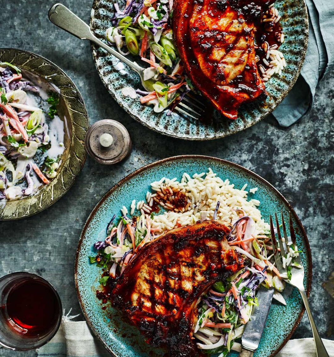 Coffee and chipotle pork chops with slaw