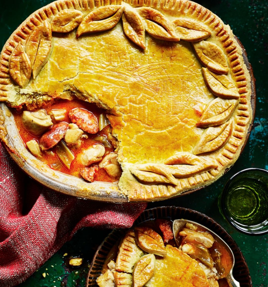 Chicken and chorizo pie with saffron pastry