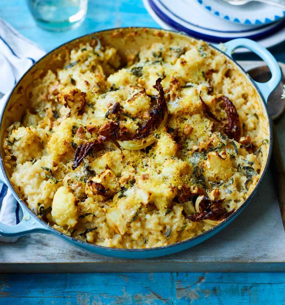 Baked cauliflower, sage and walnut risotto