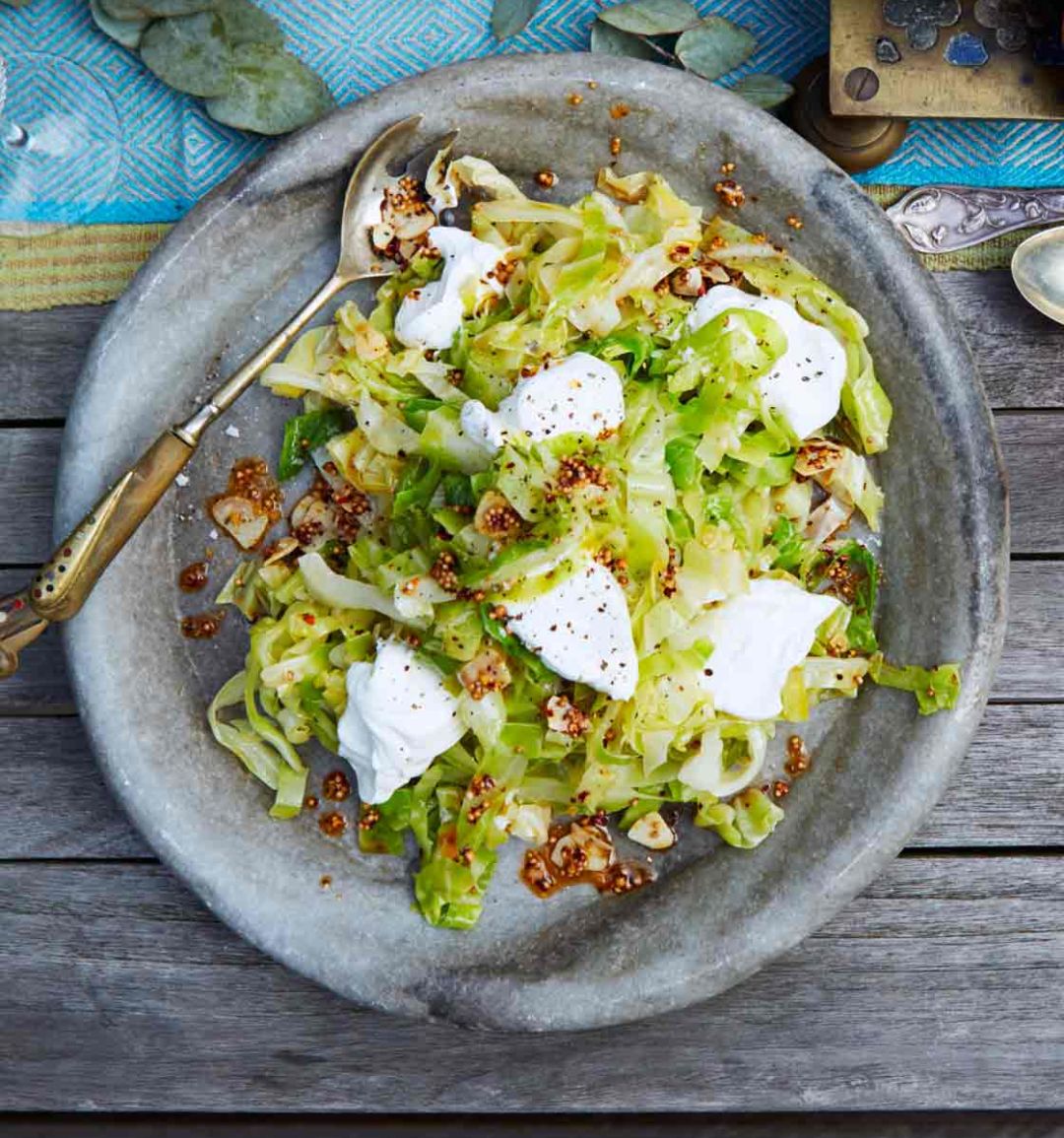 Spring greens with garlic, chilli and yogurt