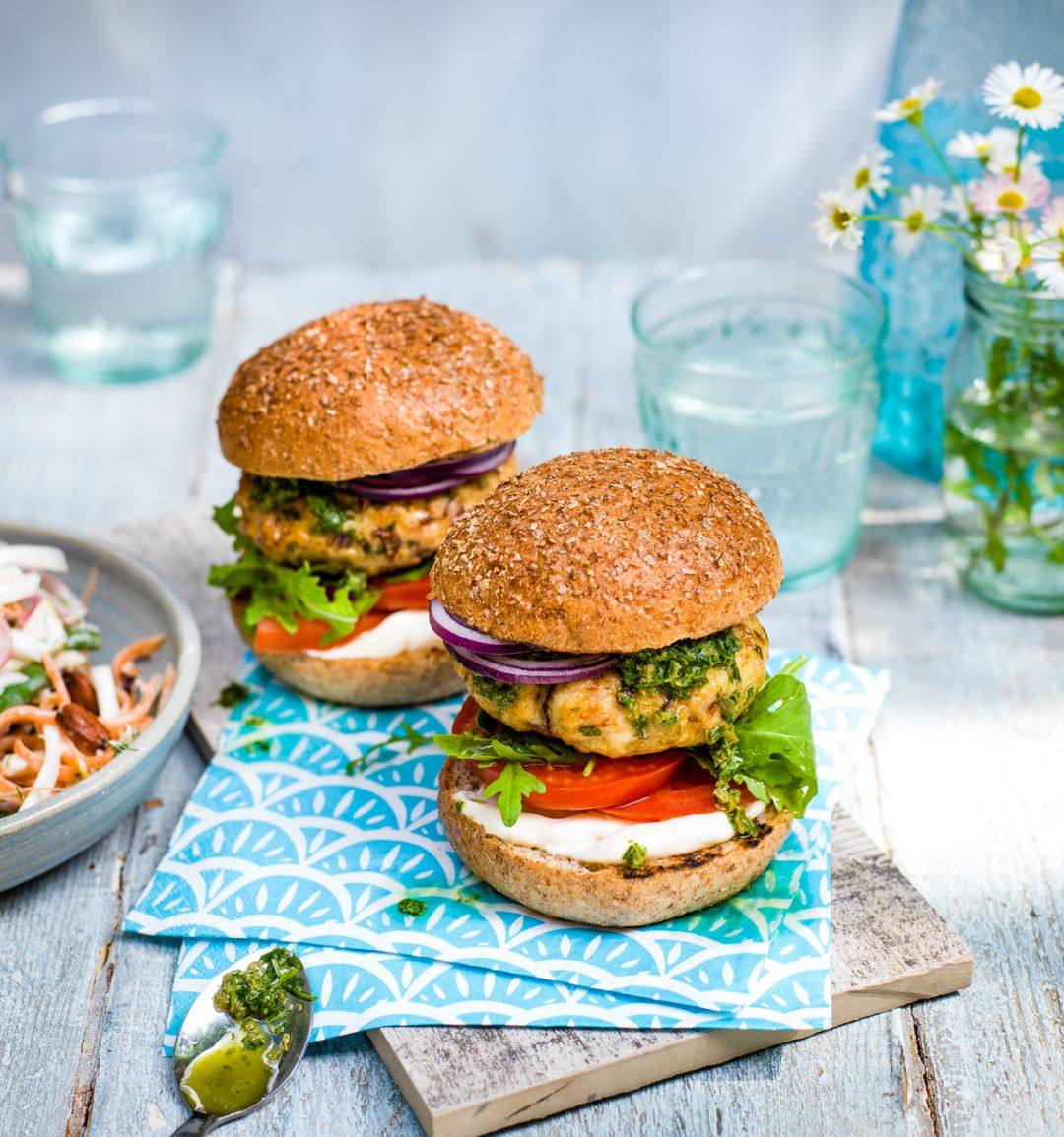 Herby chicken burgers with salsa verde