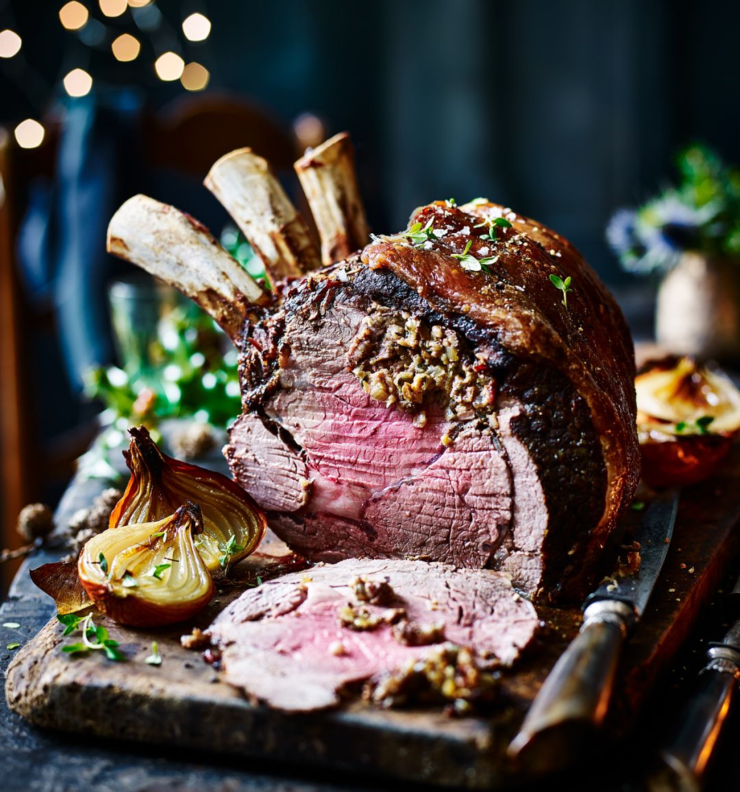 Porcini, bacon and sage roast rib of beef with port gravy