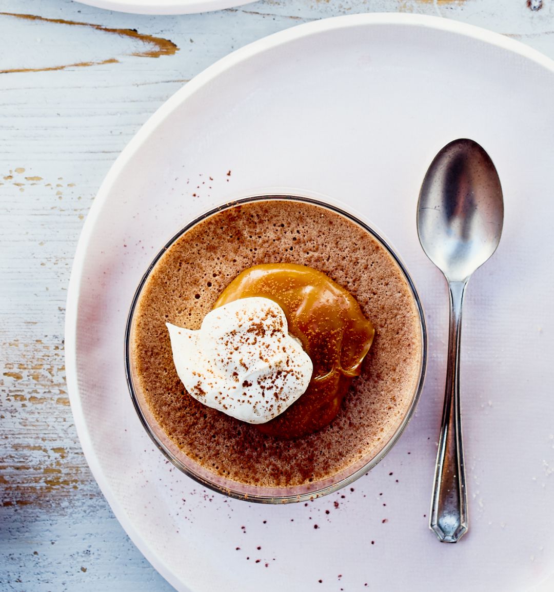 Chocolate orange pots with caramel sauce