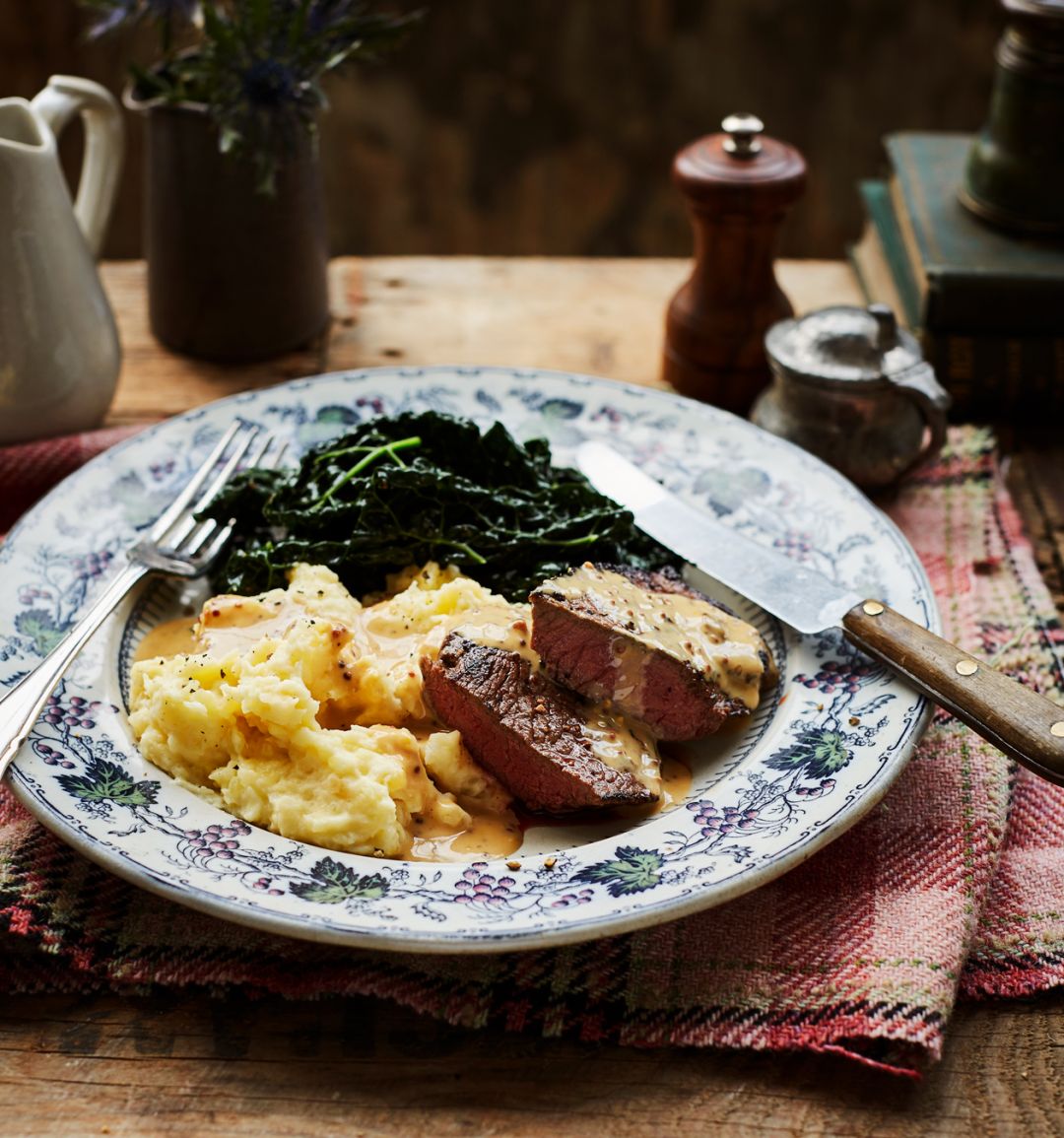 Whisky venison steaks with neeps and tatties