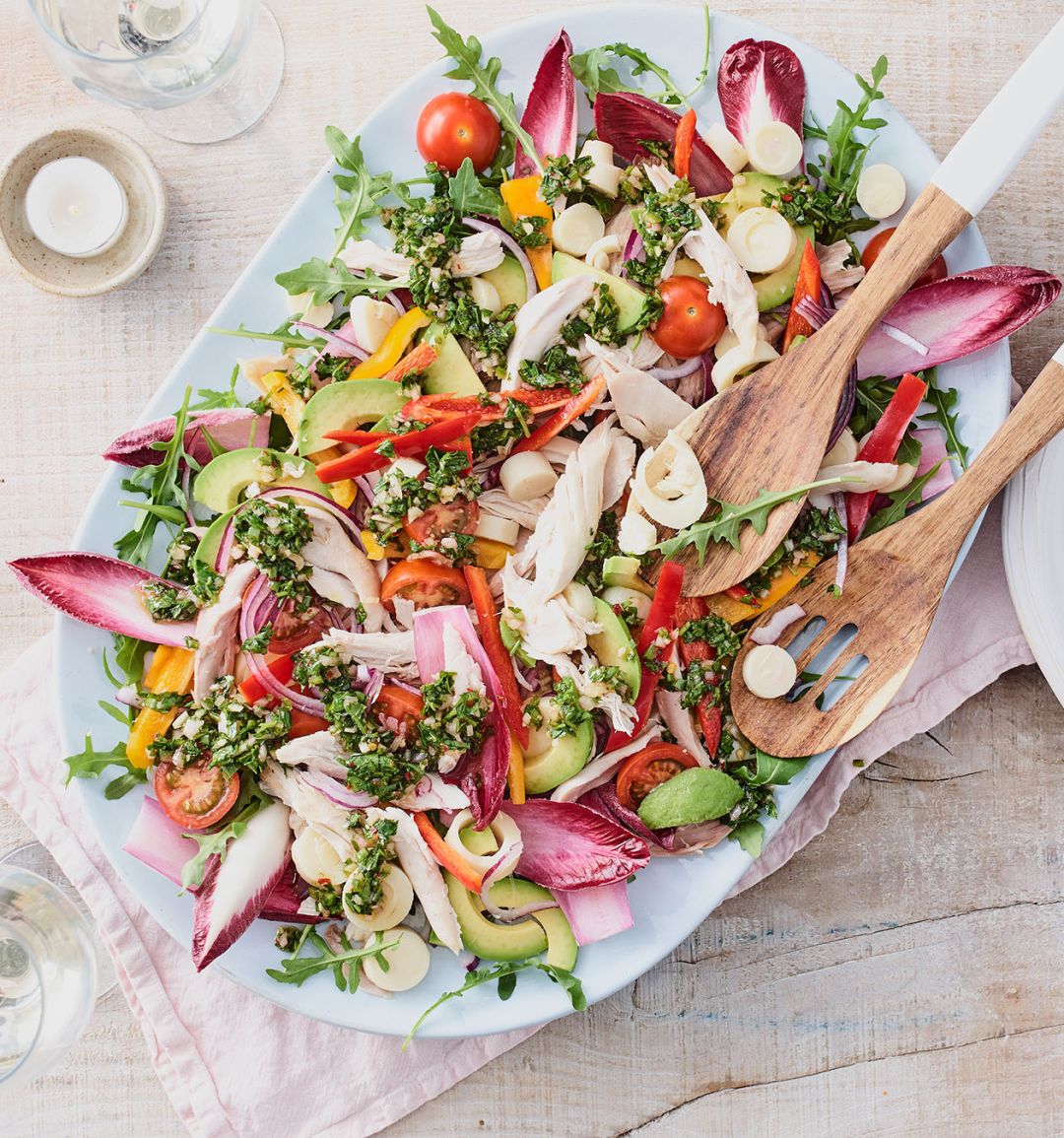 Rotisserie chicken salad with hearts of palm and chimichurri dressing