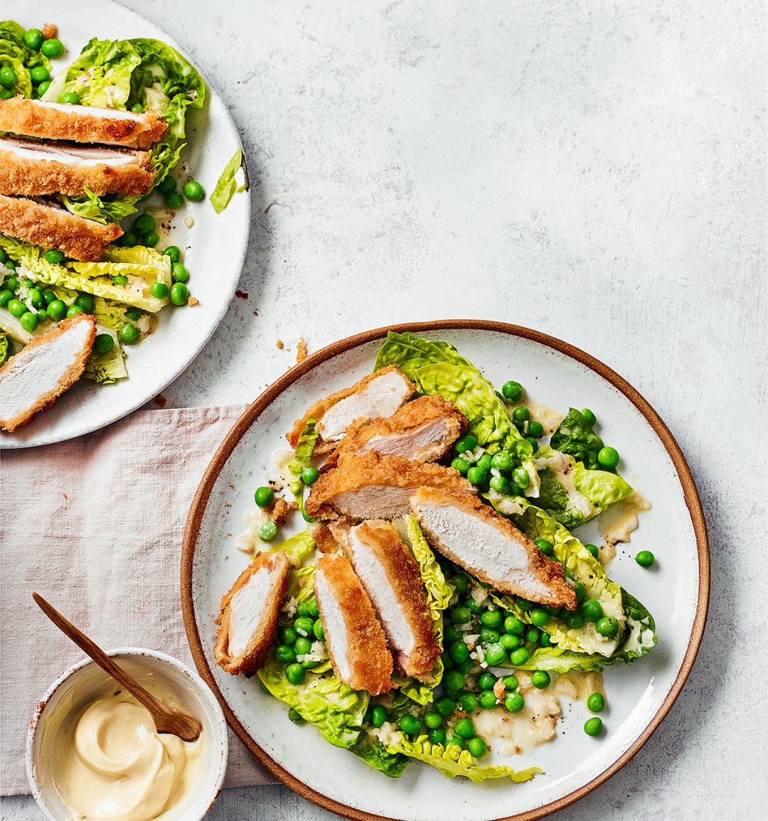 Chicken schnitzel salad with cheat’s garlic aioli