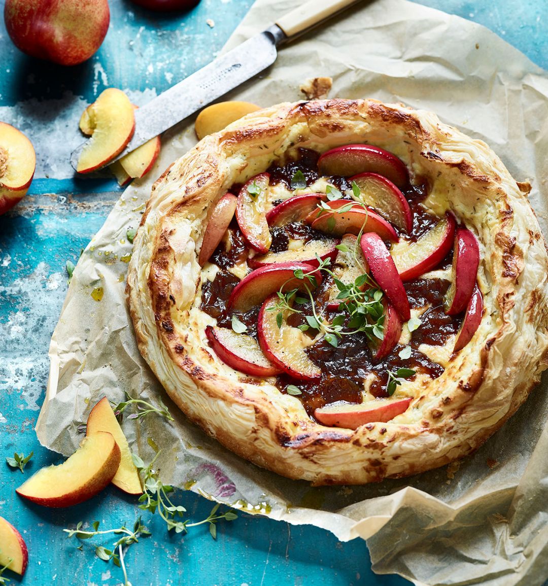 Nectarine, goats' cheese and caramelised onion galette