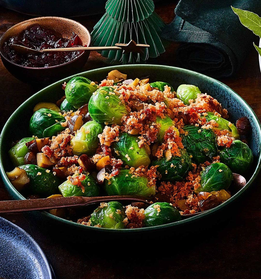 Sprouts with crispy bacon crumbs and chestnuts