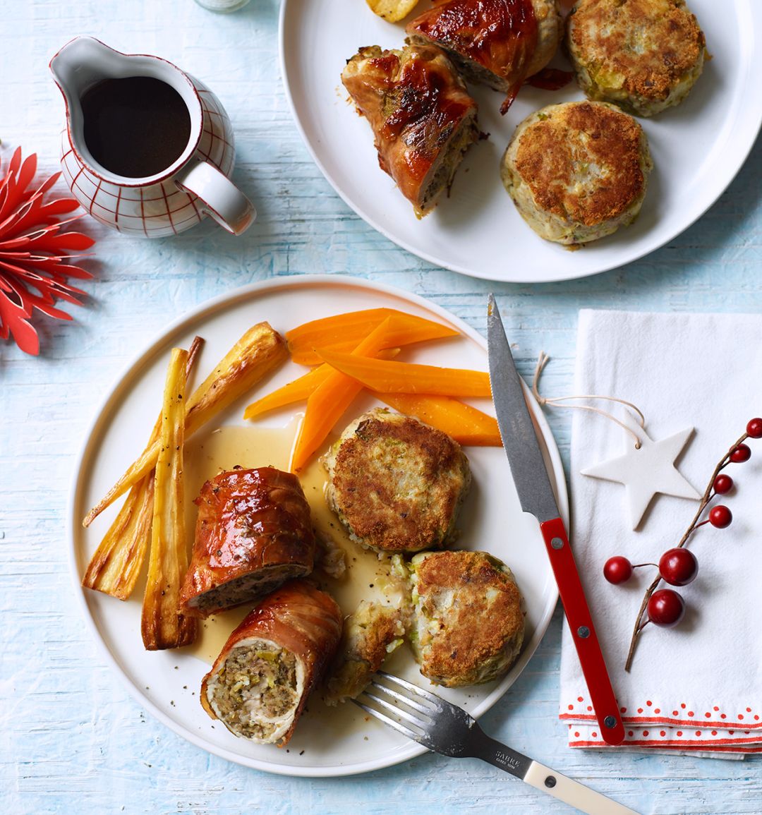 Turkey & stuffing roulades with sprout and chestnut potato cakes