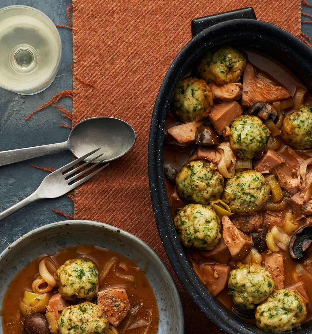 Jackfruit and mushroom stew with herb dumplings