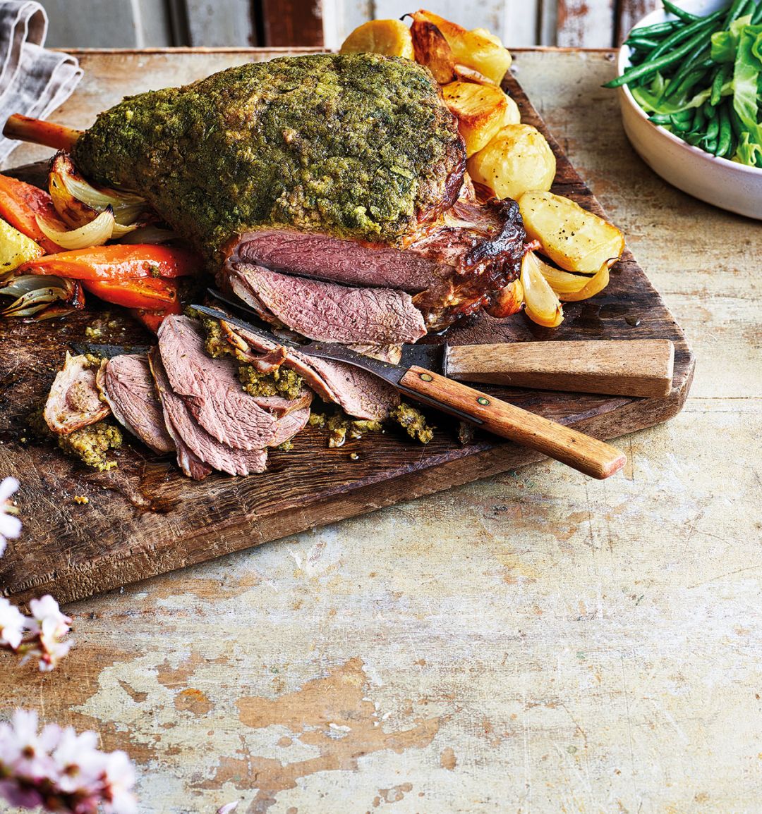 Roast leg of lamb with a watercress and caper crust
