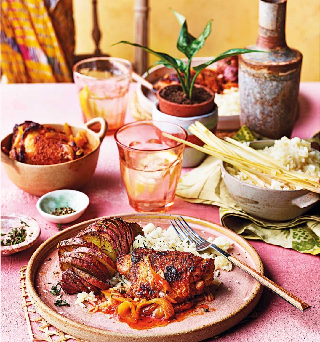 Chicken yassa with hasselback sweet potato