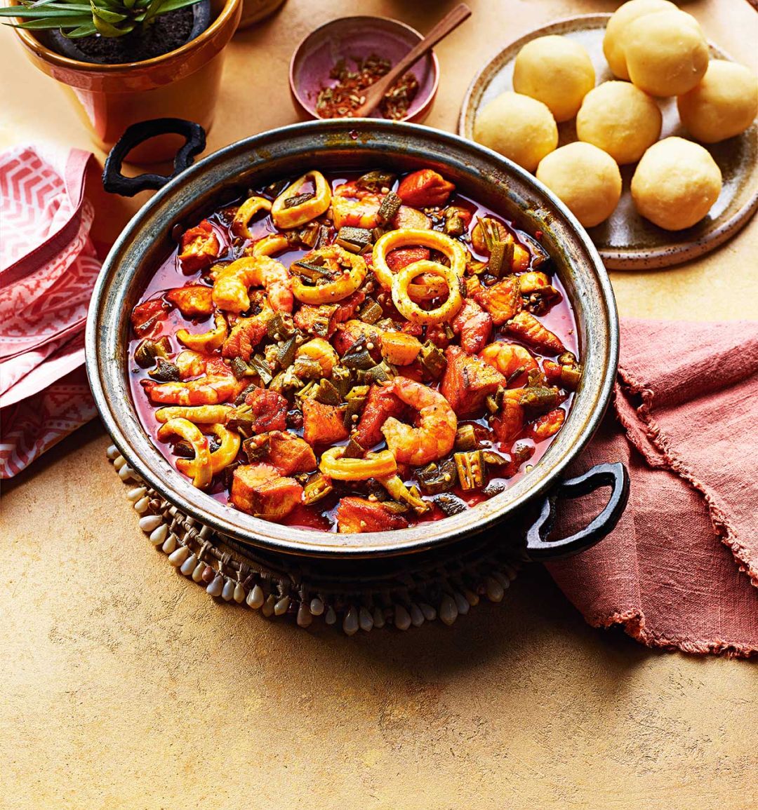 Seafood okra soup and semo