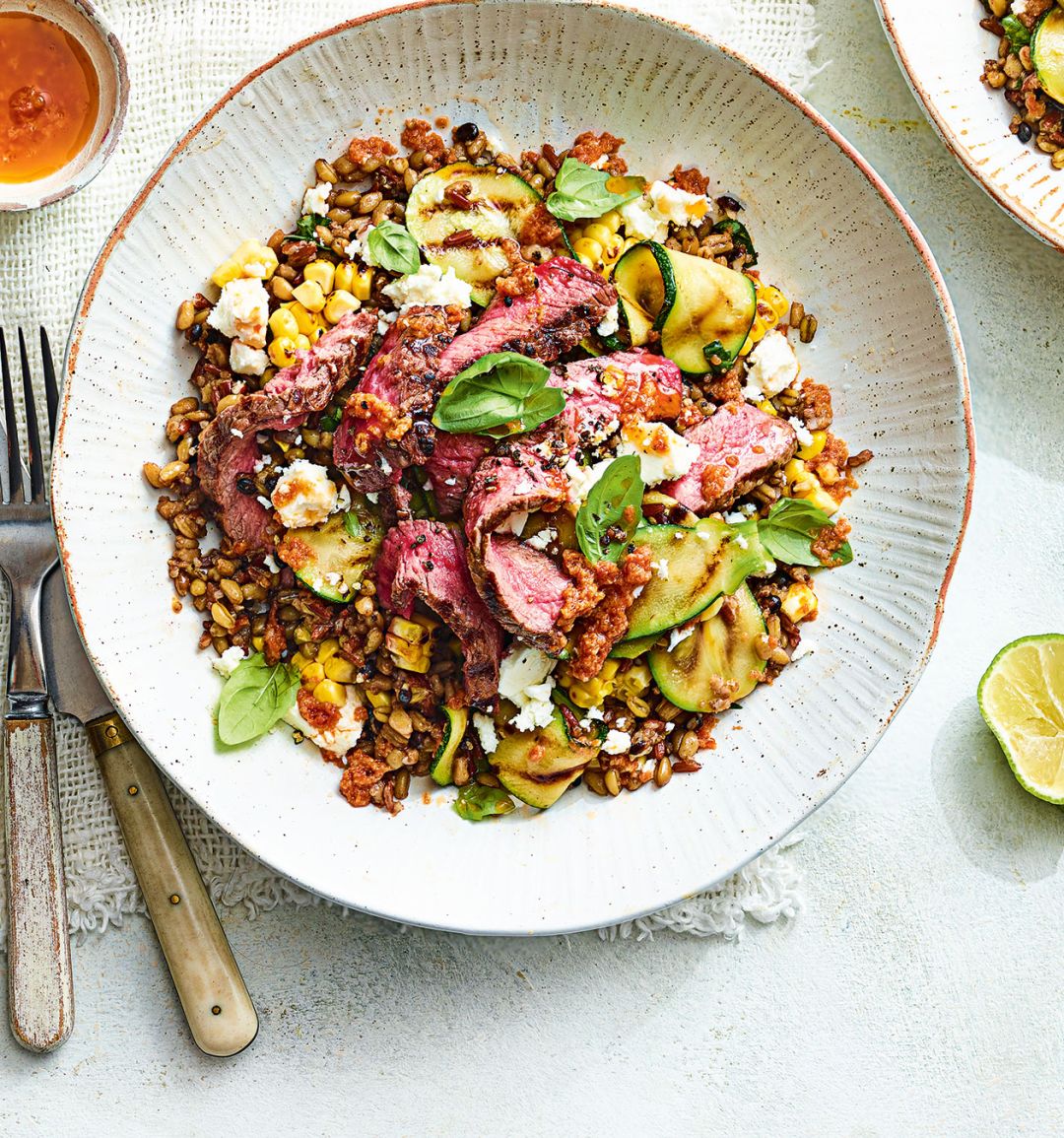 Steak and griddled vegetable grain bowl  
