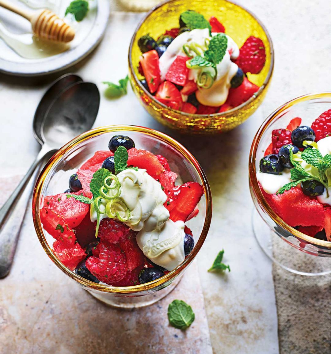 Summer fruit salad in a honey-lime syrup