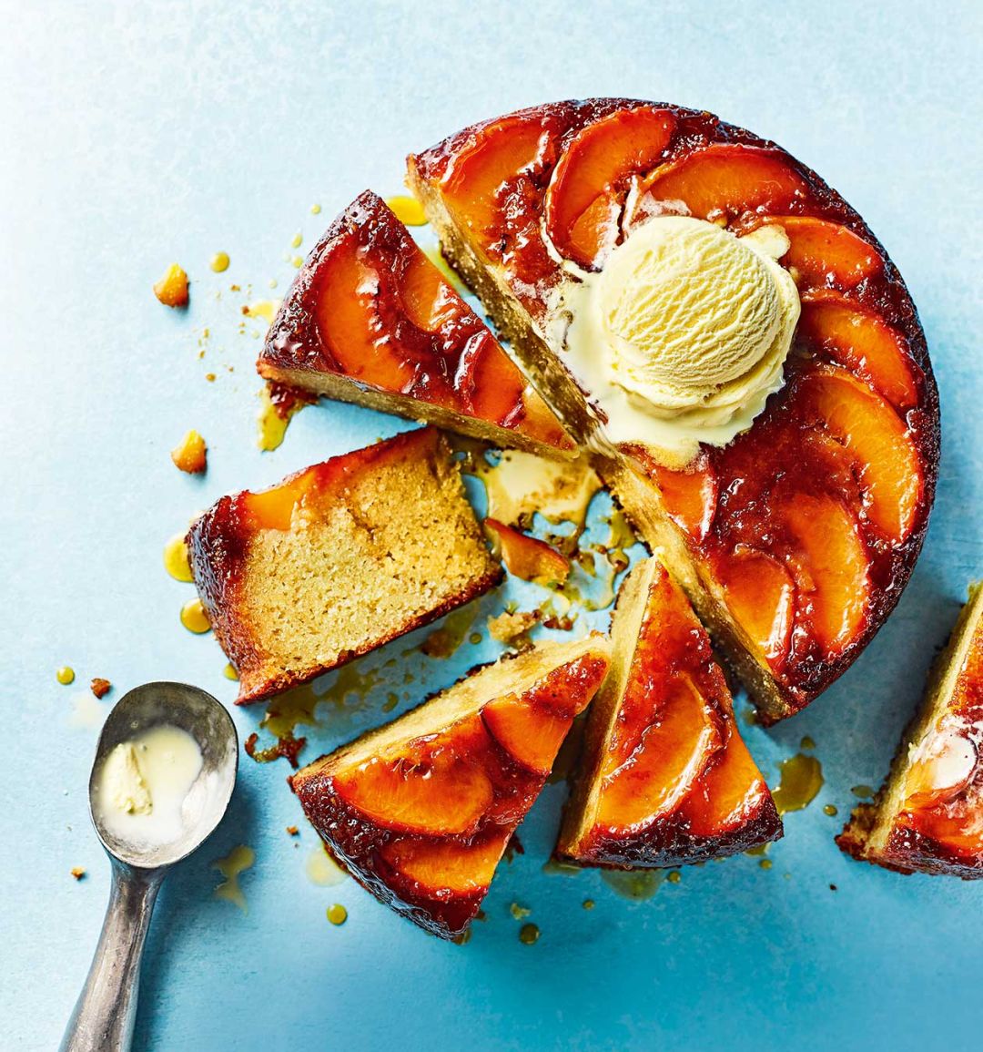 Peach upside-down cake with bourbon caramel