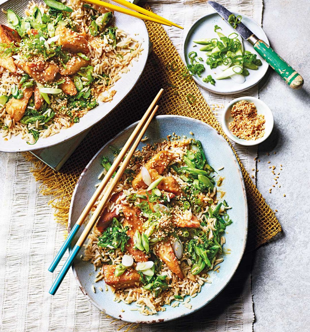 Sticky soy and sesame tofu with broccoli rice