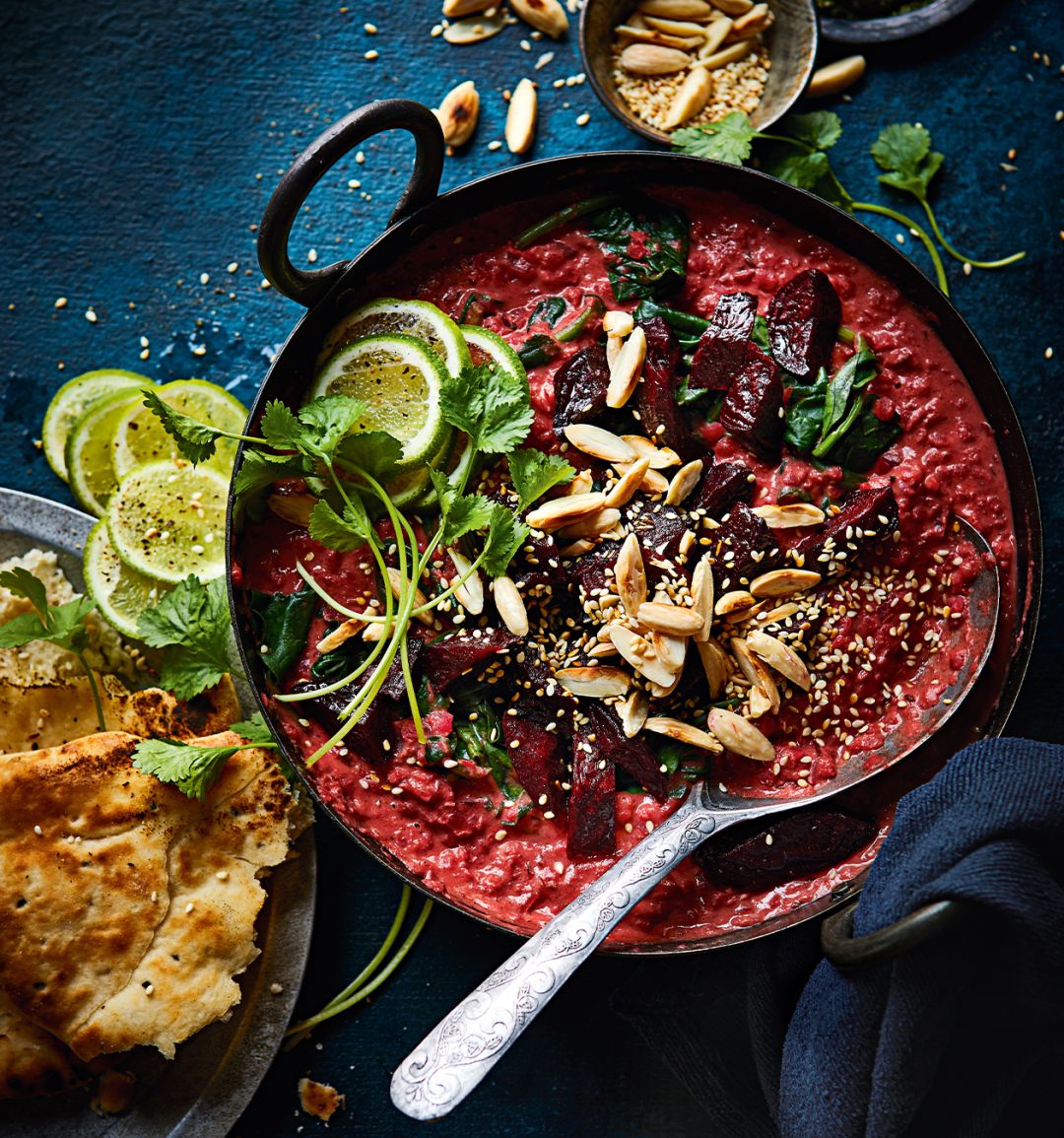 Roasted beetroot dhal with homemade coriander chutney