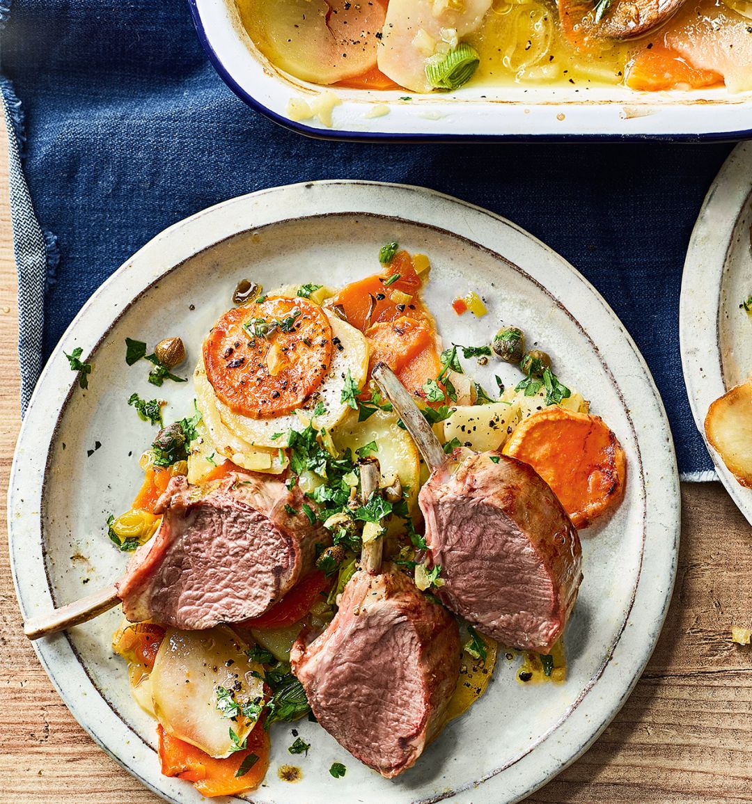Roasted lamb rack with boulangère potatoes and preserved lemon salsa