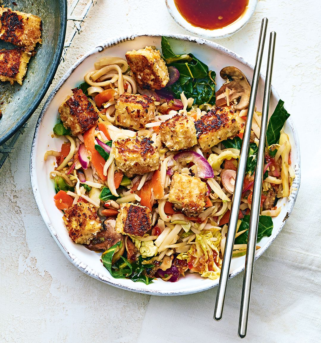 Coconut tofu stir-fry and noodles