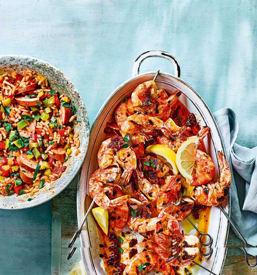 Creole-style prawn kebabs with jambalaya rice