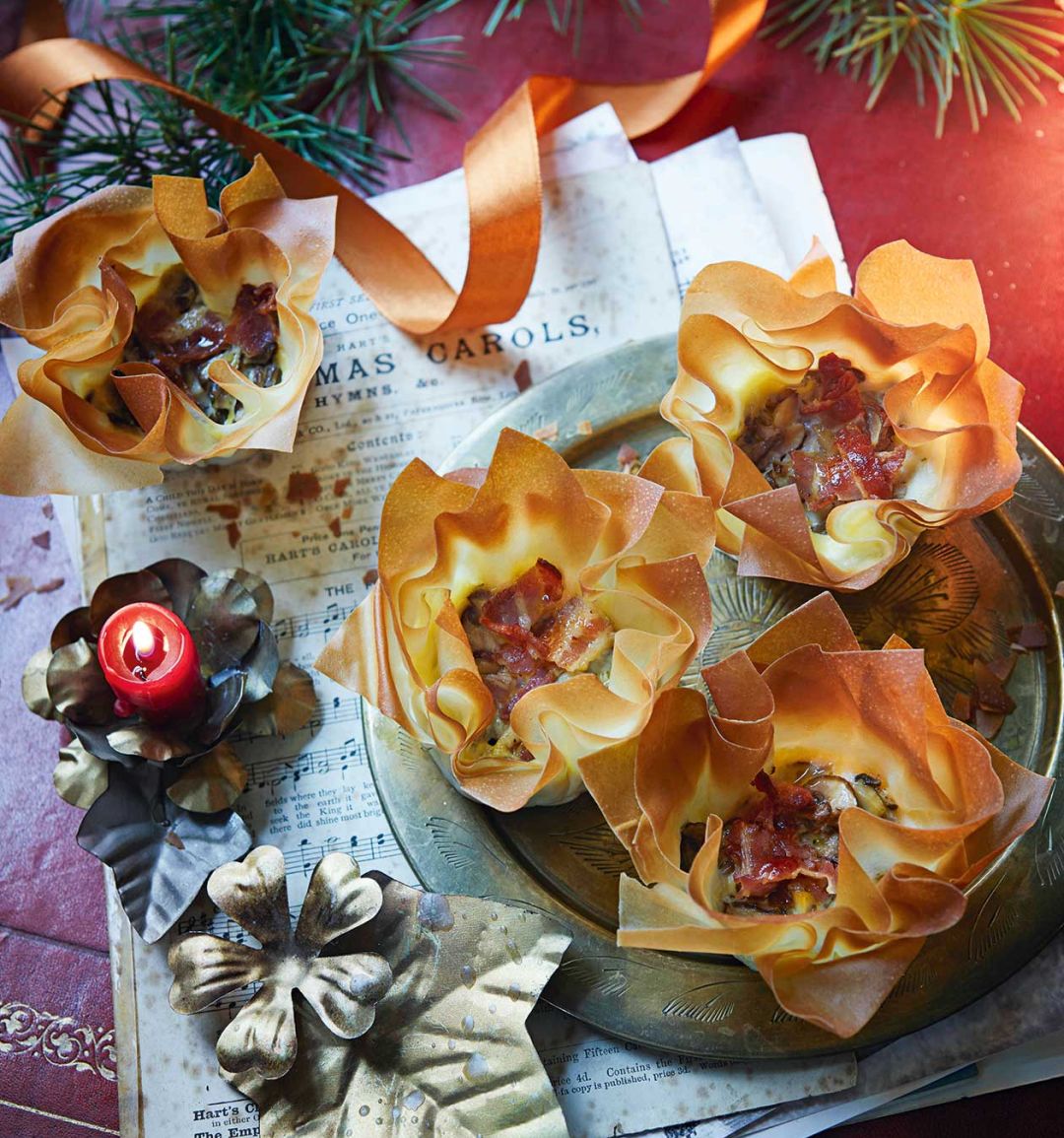 Bacon, mushroom and chestnut filo cups