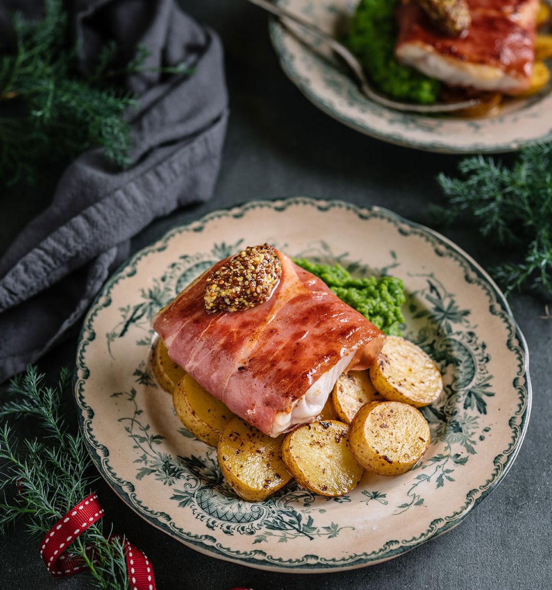 Sponsored: Christmas cod in Prosciutto di Parma with green pea purée 