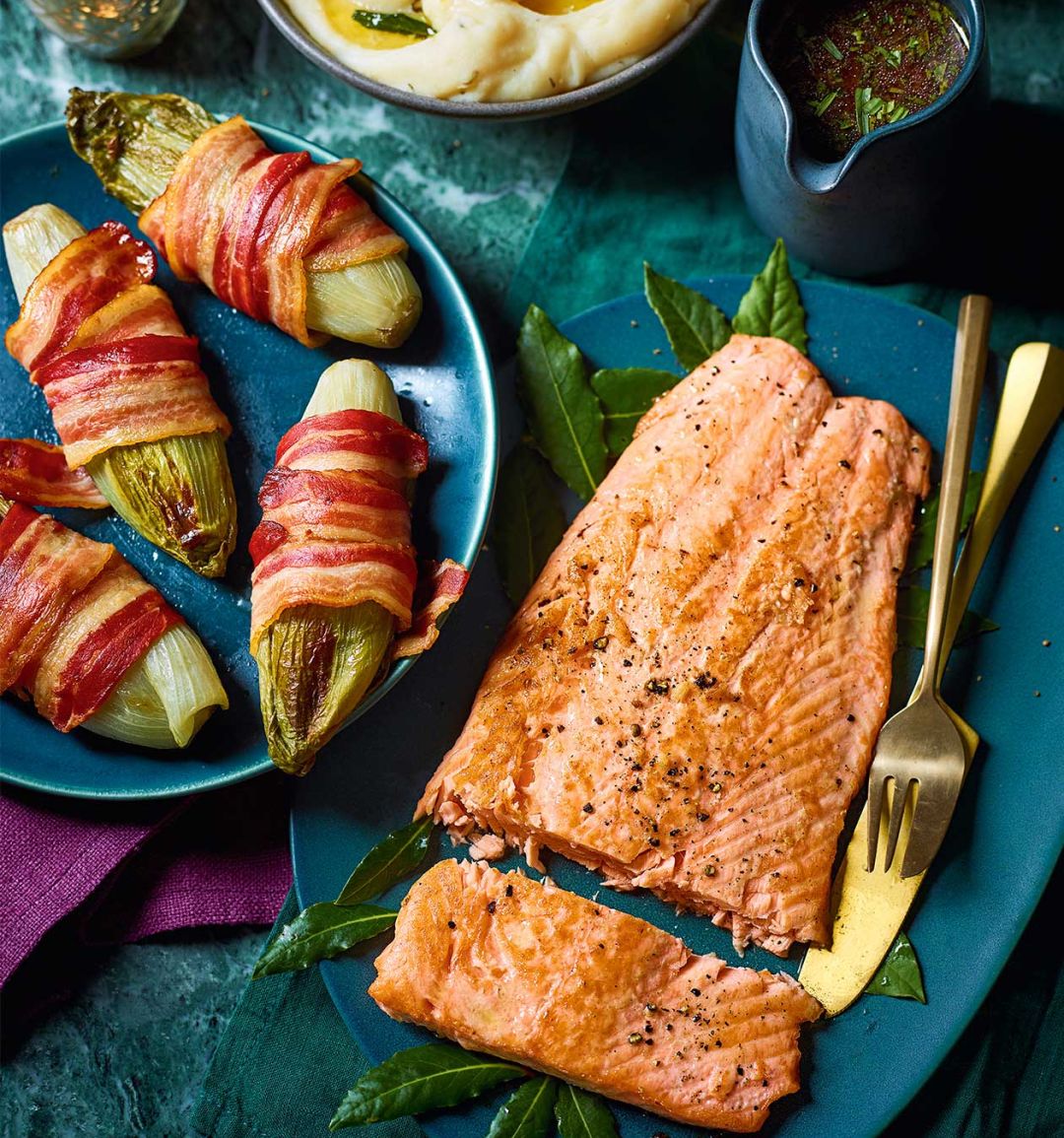 Seared salmon with tarragon red wine sauce and braised chicory