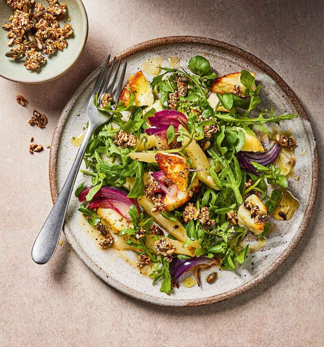 Warm roasted pear and halloumi salad