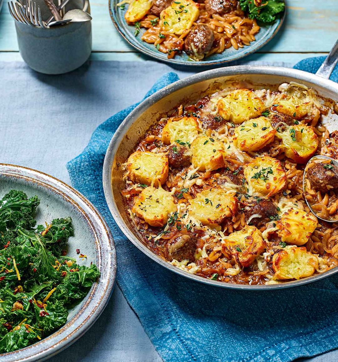 French onion meatballs with orzo