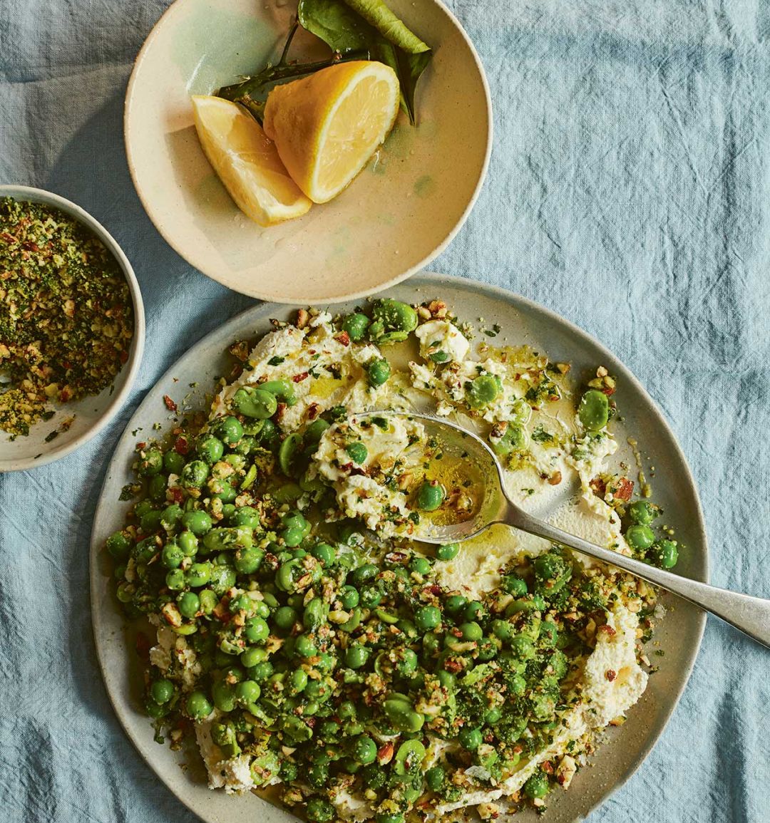 Fresh peas and broad beans with ricotta, almonds and lemon