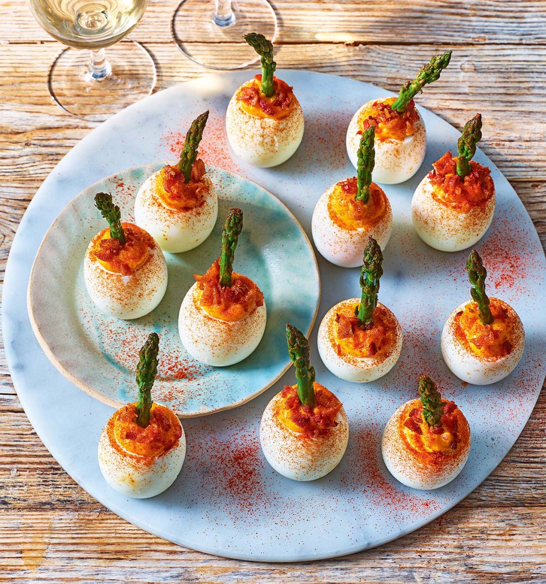 Mustard-mayo eggs with roasted asparagus and bacon