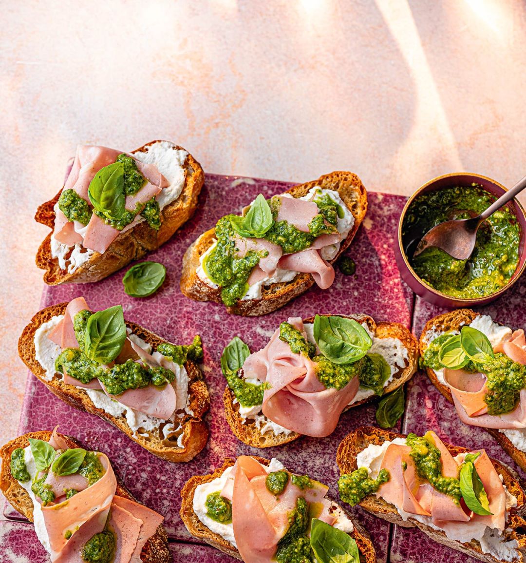 Mortadella and whipped ricotta crostini