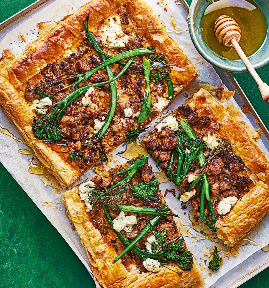 Sausage and broccoli traybake tart 