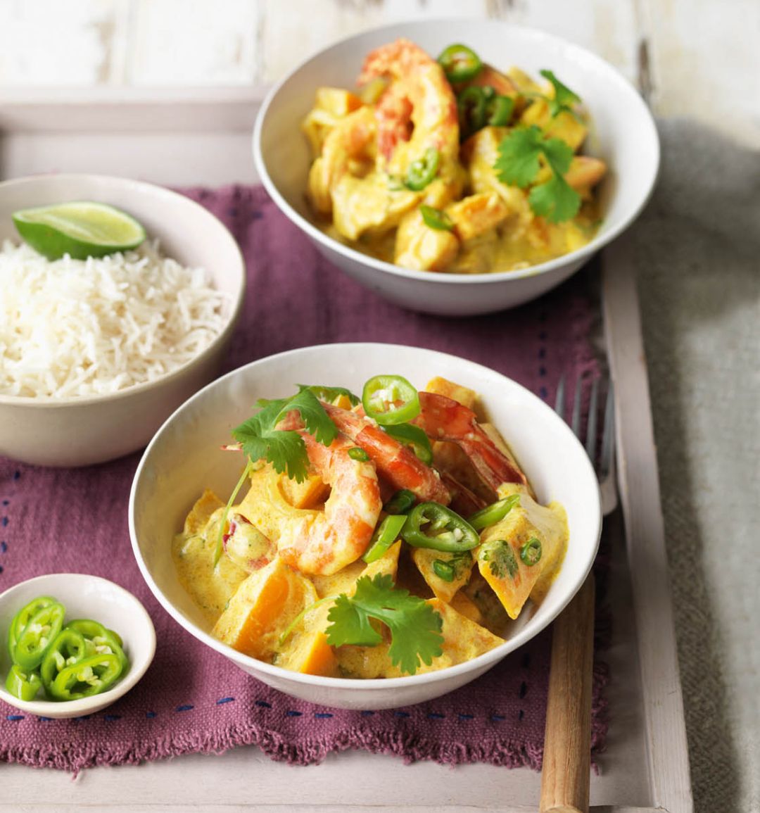 Spiced squash and prawns with coconut and chilli