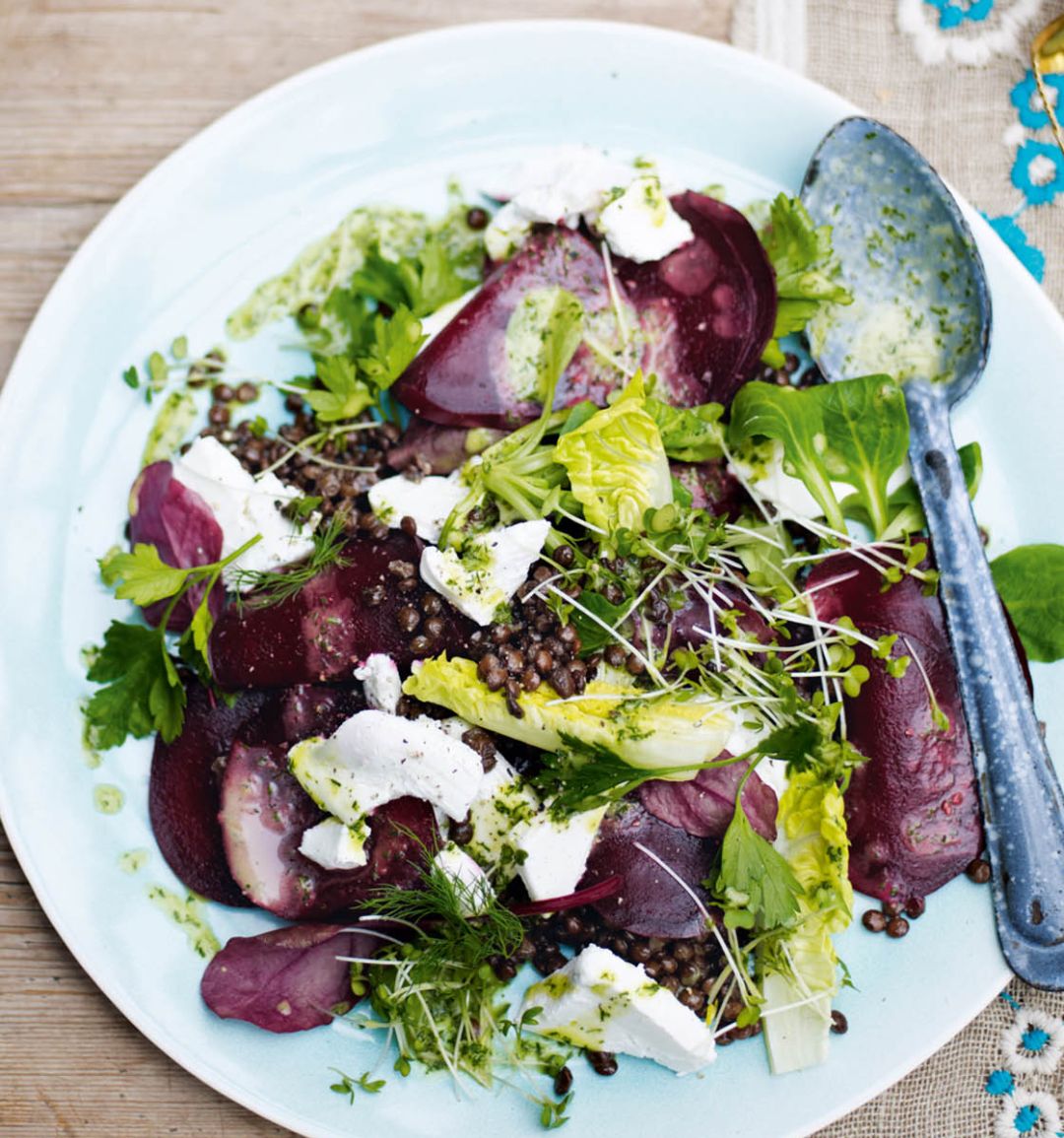 Puy lentil, goats’ cheese and beetroot salad