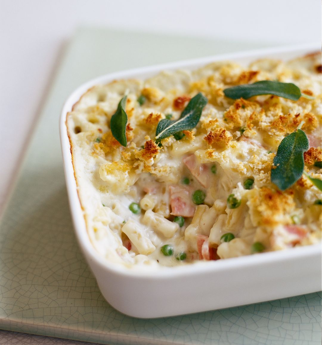 Cheat's macaroni cheese with ham, peas and Stilton
