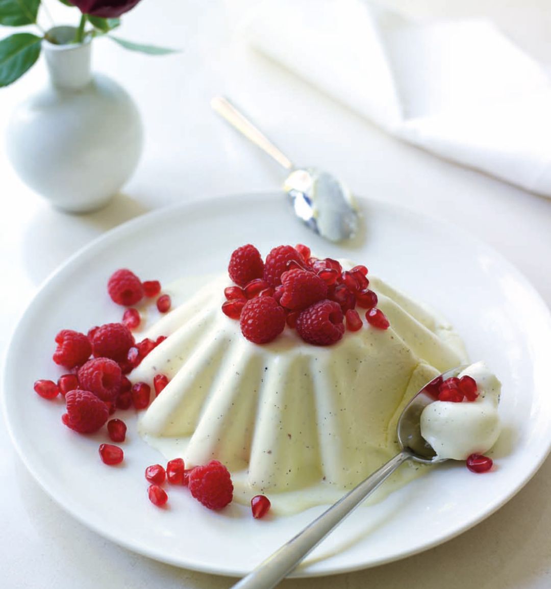 Panna cotta with raspberries and pomegranate