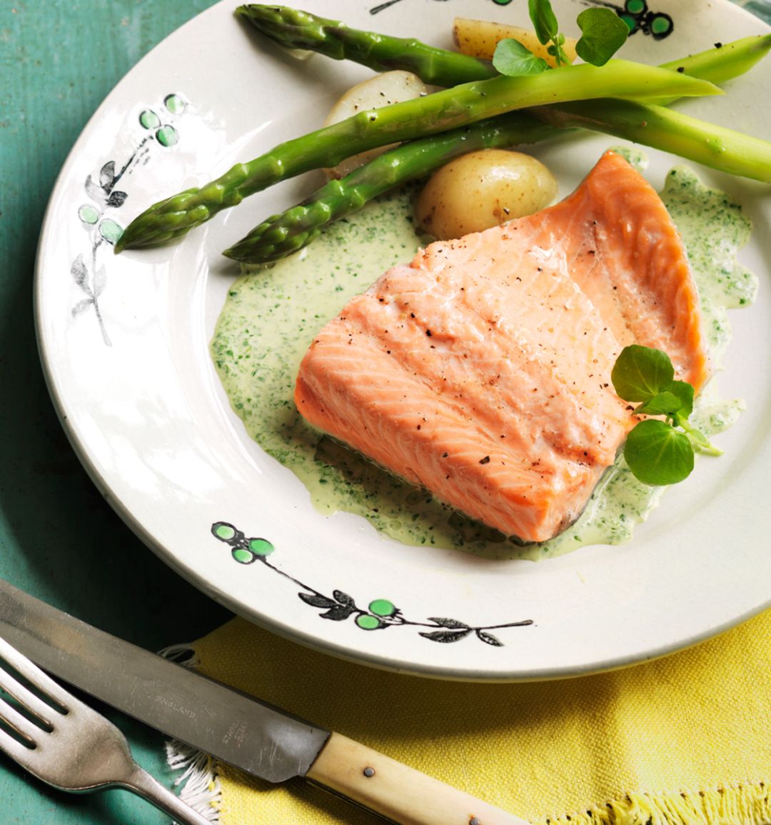 Poached trout with watercress sauce 