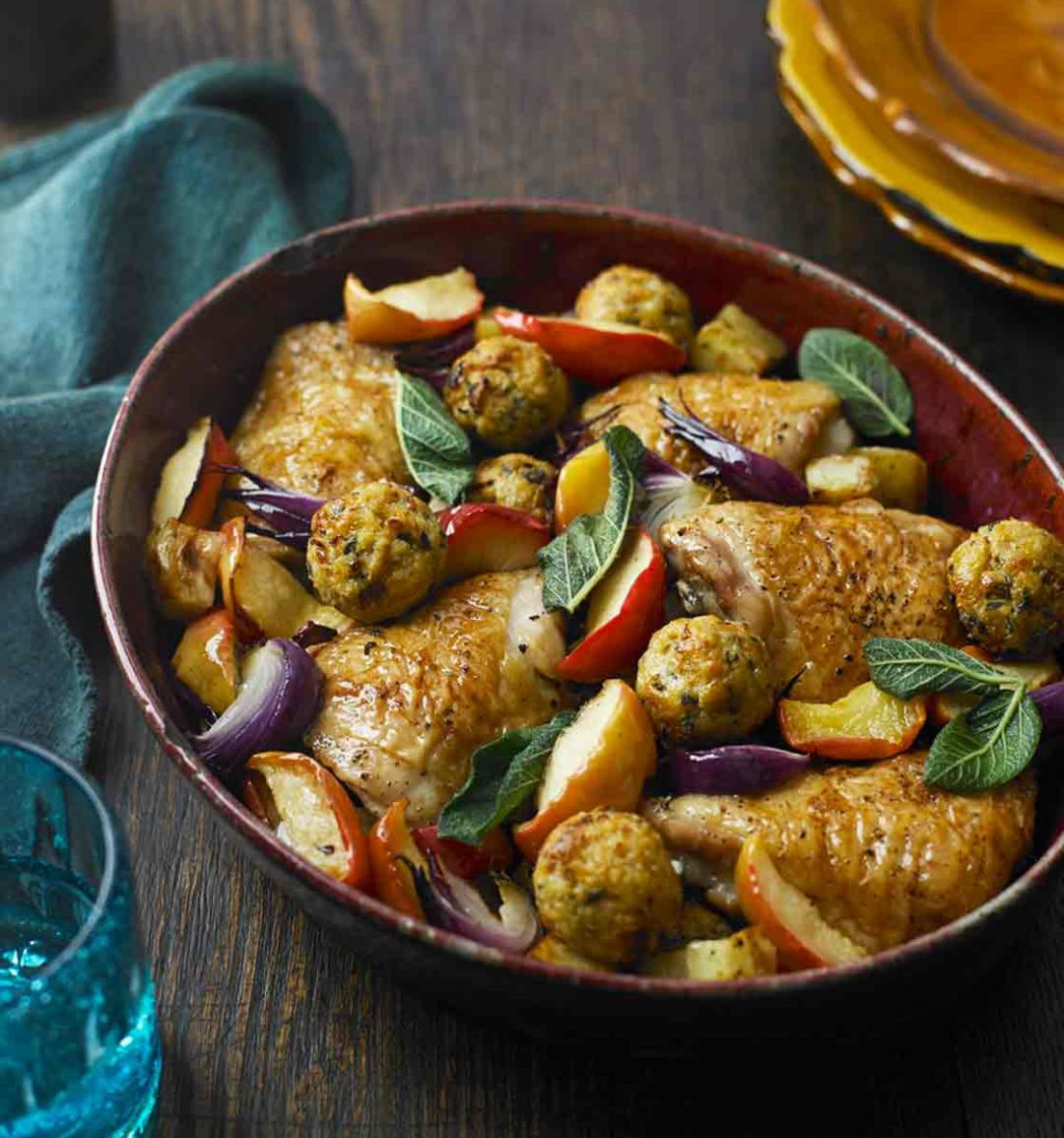 Easy roast chicken with apples and mini stuffing balls 