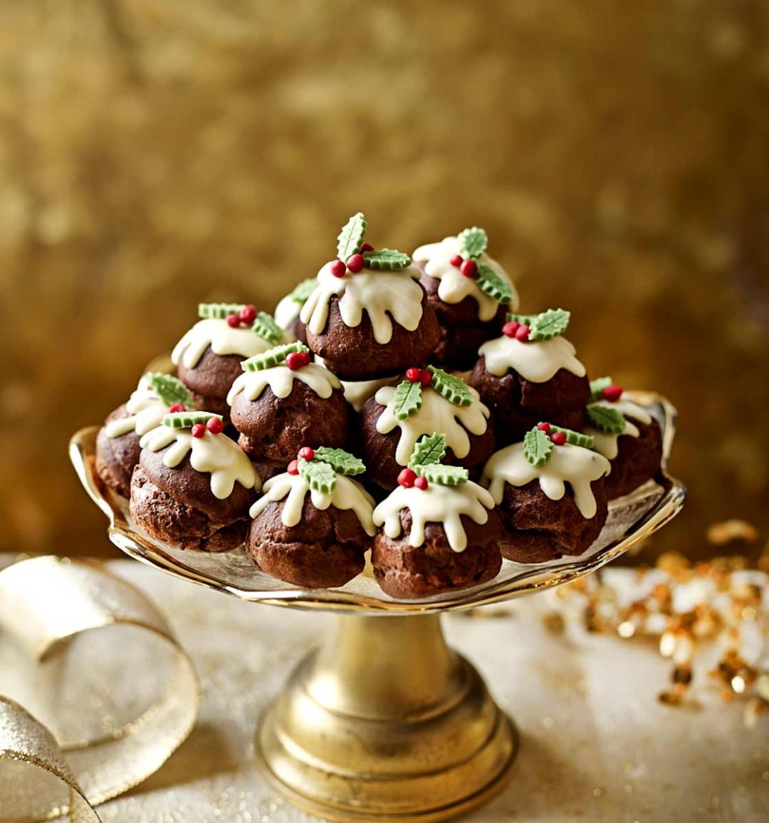 Chocolate profiterole Christmas puddings
