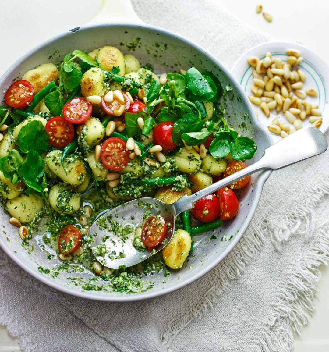 Pan-fried gnocchi with watercress-mint pesto