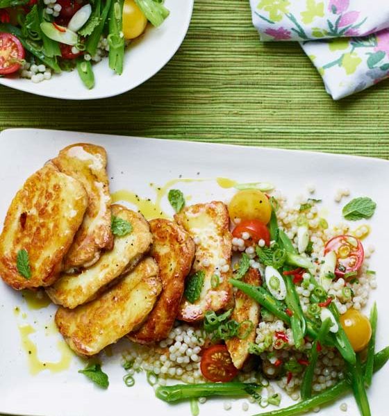 Halloumi with runner bean, tomato and mint couscous
