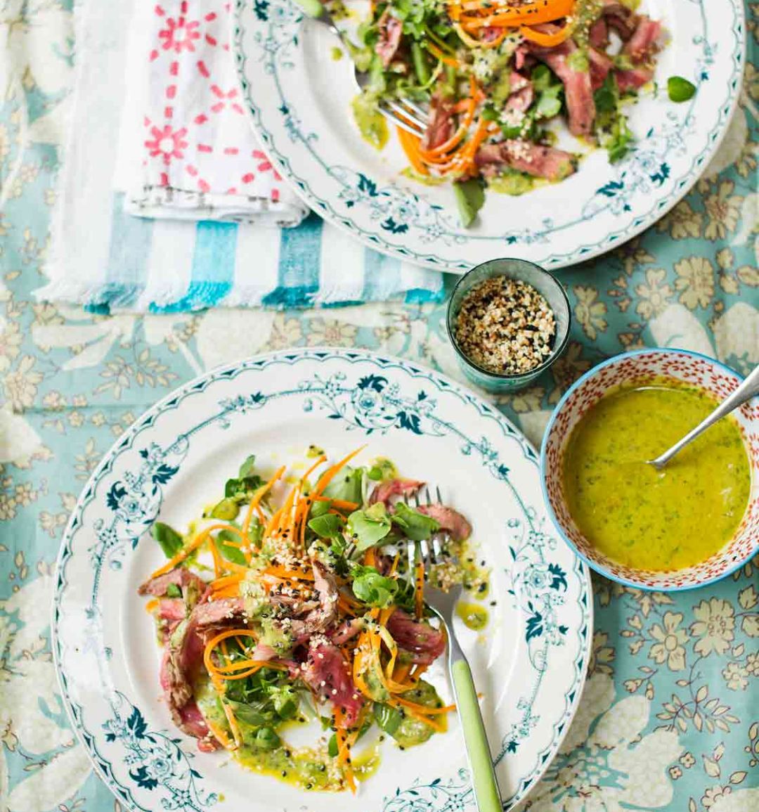 Seared beef salad with carrot noodles and tahini dressing
