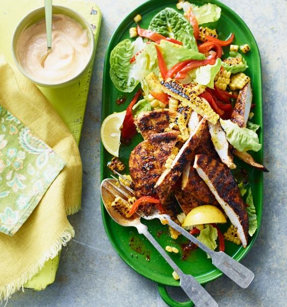 Paprika chicken with griddled corn and lemon mayo